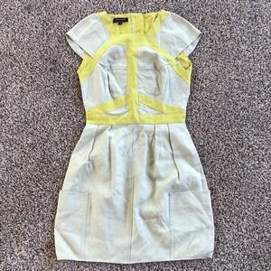 Narciso Rodriguez Linen Fitted Cap Sleeve Dress IT 40 US 4/6 Chartreuse Gray NEW